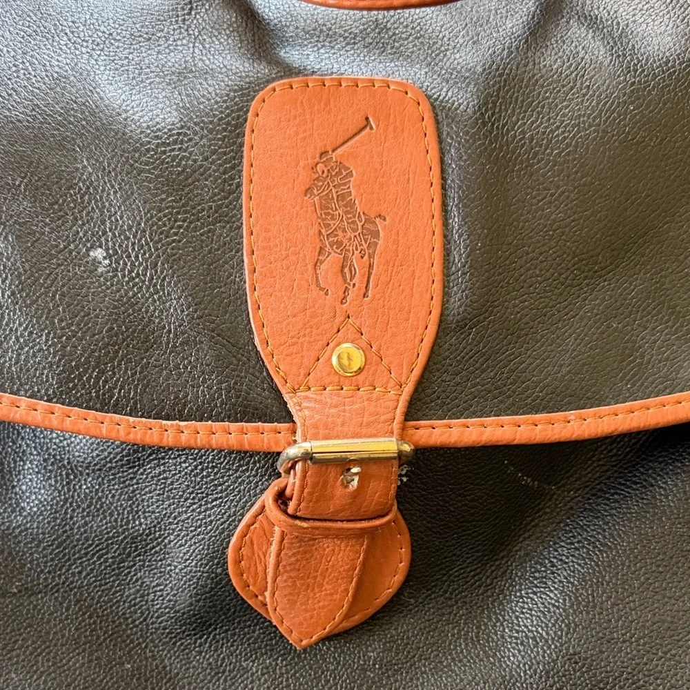 Ralph Lauren Black Leather Briefcase with Brown Trim and Polo Emblem